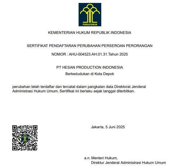Sertifikat Perusahaan PT. Hesan Production Indonesia